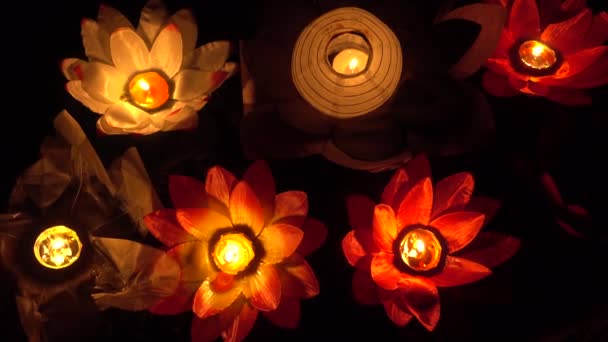 Linternas flotantes de papel de flor de loto en el agua — Vídeo de stock