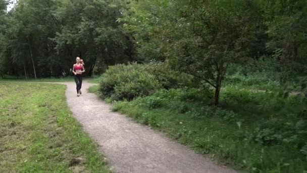 Junge Frau joggt im Park — Stockvideo