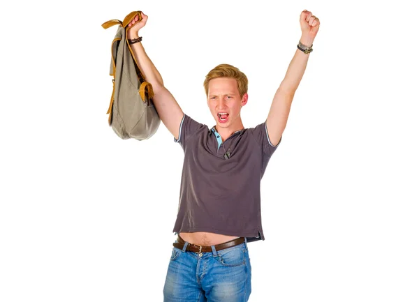 Young happy man raised his hand with a backpack — Stock Photo, Image