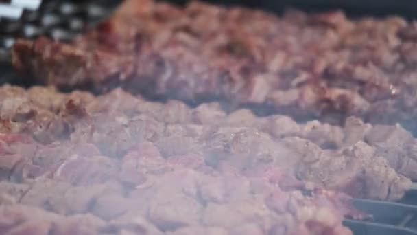 Grigliare deliziosi spiedini di carne in fumo — Video Stock