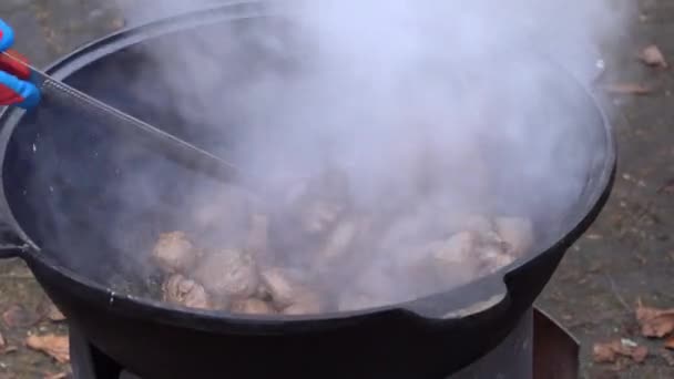 Cultivo cozinheiro misturando pedaços de carne em kazan — Vídeo de Stock