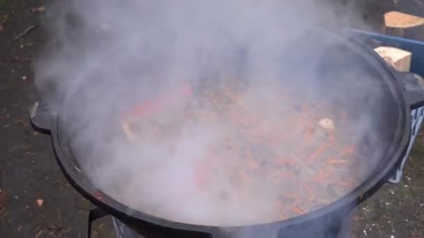 Warme stoom stoofpot met groenten voor traditionele pilaf — Stockvideo