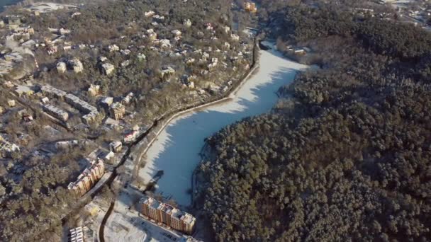 Town buildings near river and forest — Stock Video