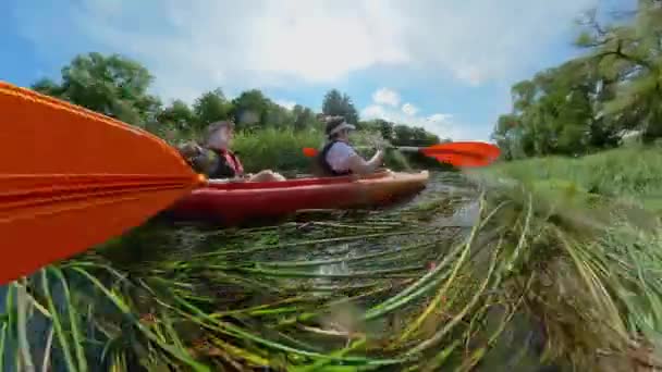 Wisatawan aktif di perahu di sungai — Stok Video