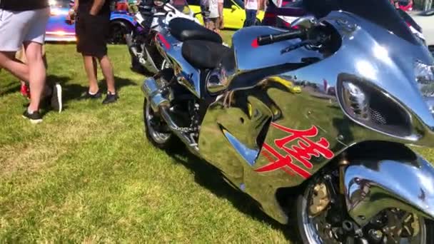 Motorcycles on lawn during festival — Stock Video