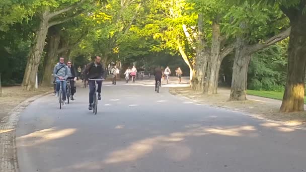 Rowerzyści jeżdżą w parku Vondelpark — Wideo stockowe