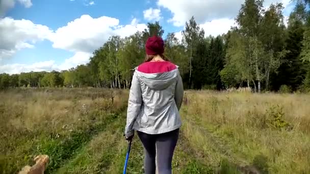 Young woman goes Nordic walking outdoors — Stock Video