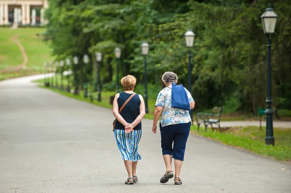 Dvě starší ženy procházky v parku. — Stock fotografie