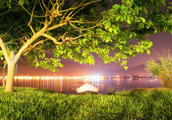 Grèce nuit mer paysage d'arbre et bateau — Photo