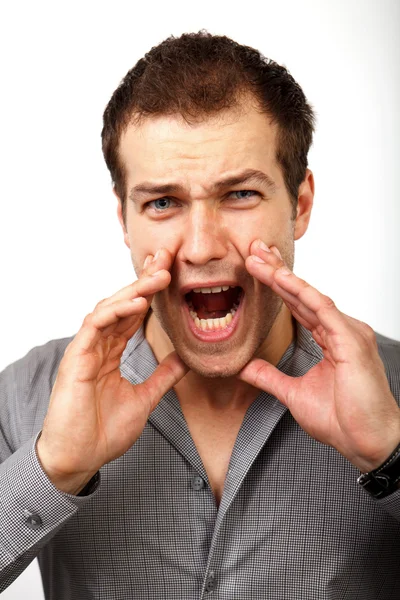 Aggresive advertising concept - scream of man announcing somethi — Stock Photo, Image