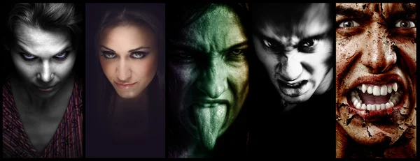 Halloween kollázs gonosz félelmetes arcok a nők és a férfiak — Stock Fotó
