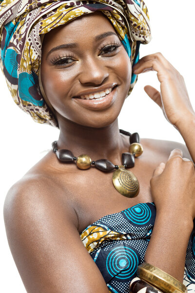 Young beautiful african fashion model on white background.