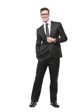 Beyaz üzerine siyah elbiseli işadamı.