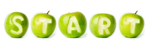 Woord "start" gemaakt van groene appels. — Stockfoto