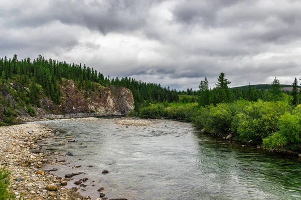 夏日在森林地区岩石间流过的一条清澈的北方河流 — 图库照片