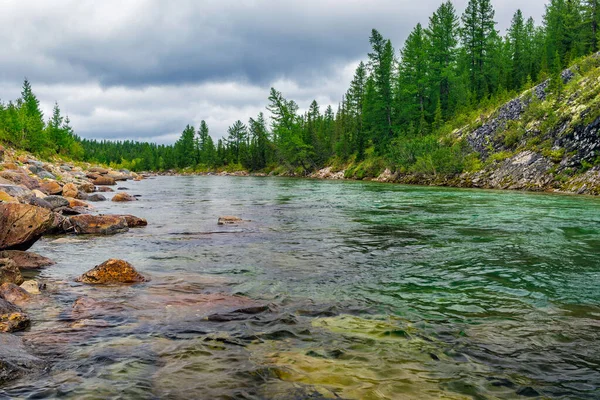 Limpido Fiume Settentrionale Che Scorre Tra Rocce Una Zona Boschiva — Foto Stock