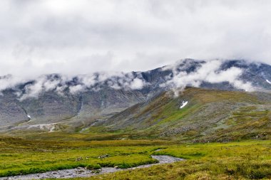 Bir yaz günü Subpolar Urallar 'da bir dağ vadisi ve kayalık dağlarla manzara