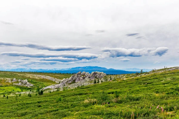 Pradera Verde Con Una Cresta Rocas Grises Día Verano —  Fotos de Stock