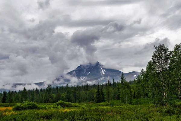 Zachmurzona Góra Manaraga Górująca Nad Lasem Subpolarnych Uralach Deszczowy Dzień — Zdjęcie stockowe