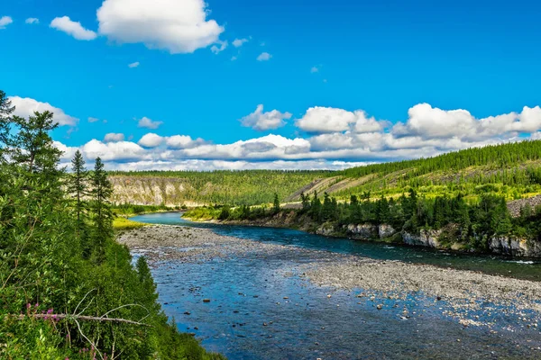 Een Heldere Noordelijke Rivier Stroomt Tussen Rotsen Een Bosgebied Een — Stockfoto