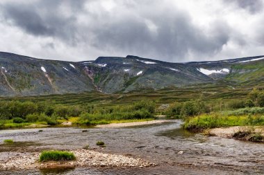 Yağmurlu bir yaz gününde Kutup altı Urallar 'daki akarsu ve dağ sıraları