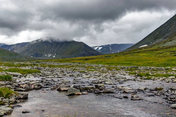 Strom Und Gebirge Subpolaren Ural Einem Regnerischen Sommertag — Stockfoto