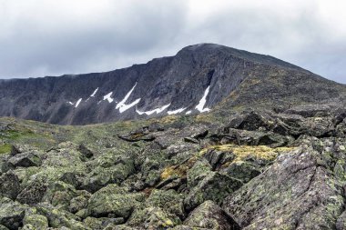 Soğuk bulutlu bir günde Kutup altı Urallar 'daki gri dağ uçurumu