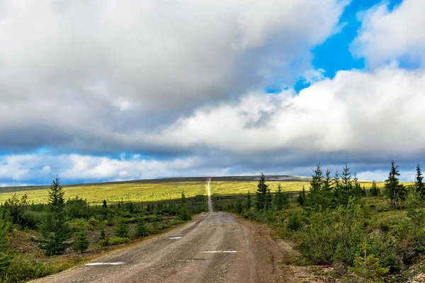 Brudna Droga Przez Północną Tundrę Wzgórza Ural Subpolarnych Letni Dzień — Zdjęcie stockowe
