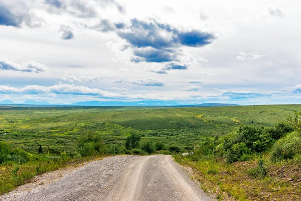 Kuzey Tundrası Boyunca Uzanan Toprak Yol Bir Yaz Günü Kuzey — Stok fotoğraf