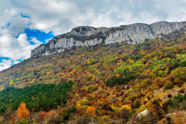 Kırım 'ın dağları ve ormanlarıyla dolu bir sonbahar günü manzarası