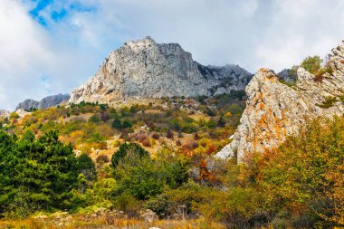 Kırım 'ın dağları ve ormanlarıyla dolu bir sonbahar günü manzarası