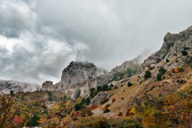 Kırım 'ın dağları ve ormanlarıyla dolu bir sonbahar günü manzarası