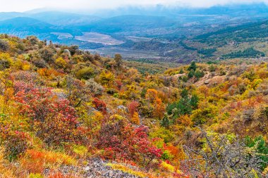 Kırım 'ın dağları ve ormanlarıyla dolu bir sonbahar günü manzarası