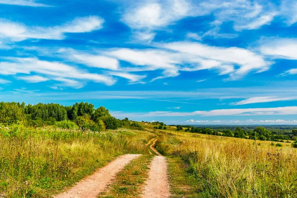 Dirt Road Egy Dombon Rétek Egy Napsütéses Nyári Napon — Stock Fotó