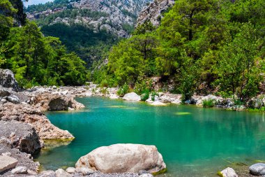 Güneşli bir yaz gününde dağlarda küçük mavi göller