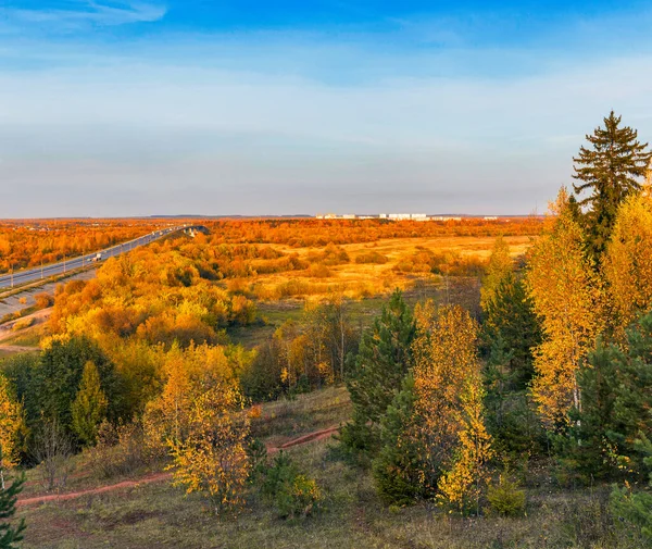 Motorväg och bro i skogsområde en höstdag — Stockfoto