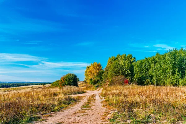 Paisagem com uma estrada de terra em um campo em um dia de outono — Fotografia de Stock