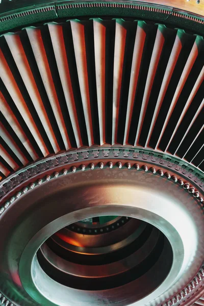 Internal design of a gas turbine plant for generating energy. Disk and blades made of high-alloy steel