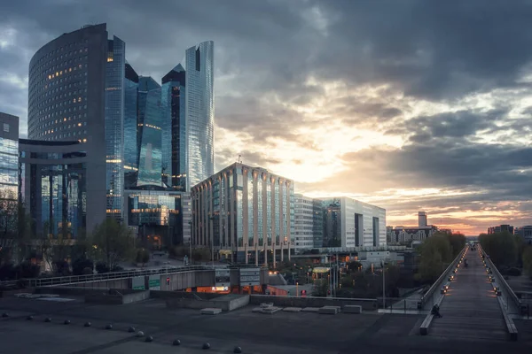 The skyscrapers of La Defense business district at sunset — Stock Photo, Image