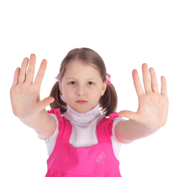 Mooi Klein Meisje Vereisen Stop Met Haar Hand Focus Palmen — Stockfoto