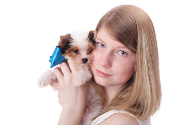 Girl and puppy — Stock Photo, Image