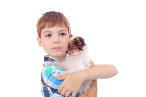 Boy and puppy — Stock Photo, Image