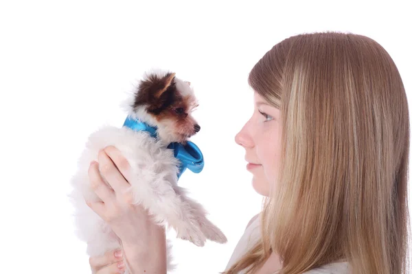 Girl and puppy — Stock Photo, Image