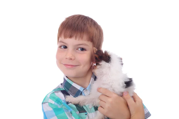 Boy and puppy — Stock Photo, Image