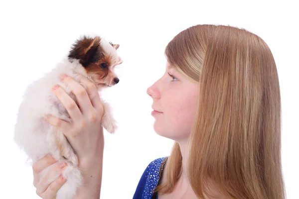 Girl and puppy — Stock Photo, Image