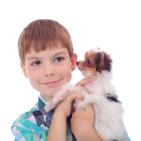 Boy and puppy — Stock Photo, Image