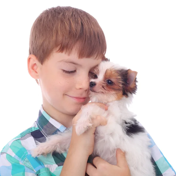 Boy and puppy — Stock Photo, Image