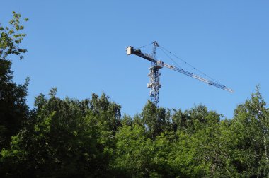 Vinç yeşil ağaçların üzerinden bina