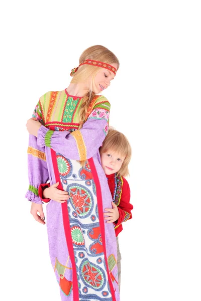 Girl and boy in russian folk clothes — Stock Photo, Image