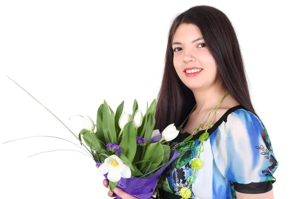 Vacker flicka med blommor — Stockfoto